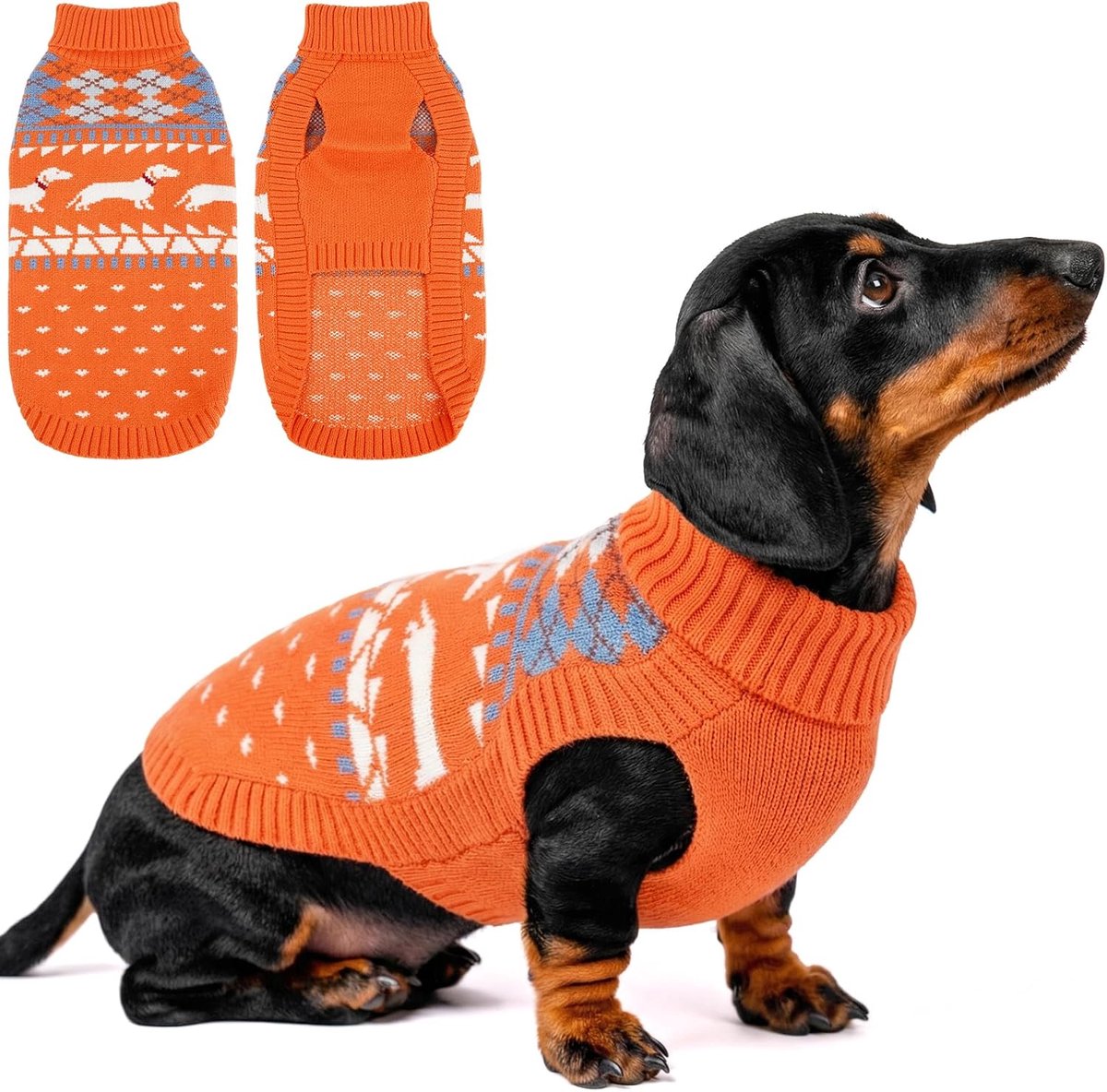 Hondentrui voor teckel, warme winterkleding, zachte gebreide hondentrui, winterhondenvest, ademende sweater voor honden met rolkraag, rekbare hondentrui, oranje, S