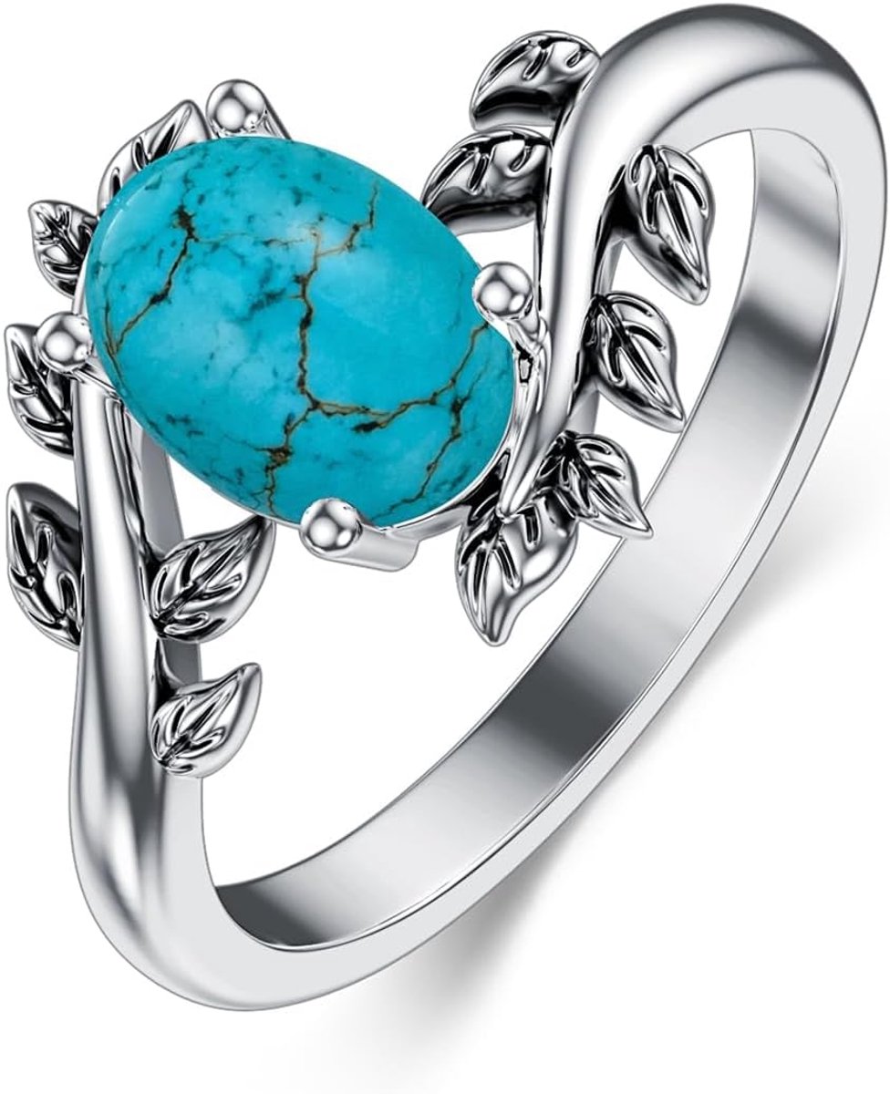turquoise ring voor vrouwen, westerse ovale edelstenen sieraden, 925 sterling zilver, Boheems blad, voor haar vrouw mama, Sterling zilver, Turkoois