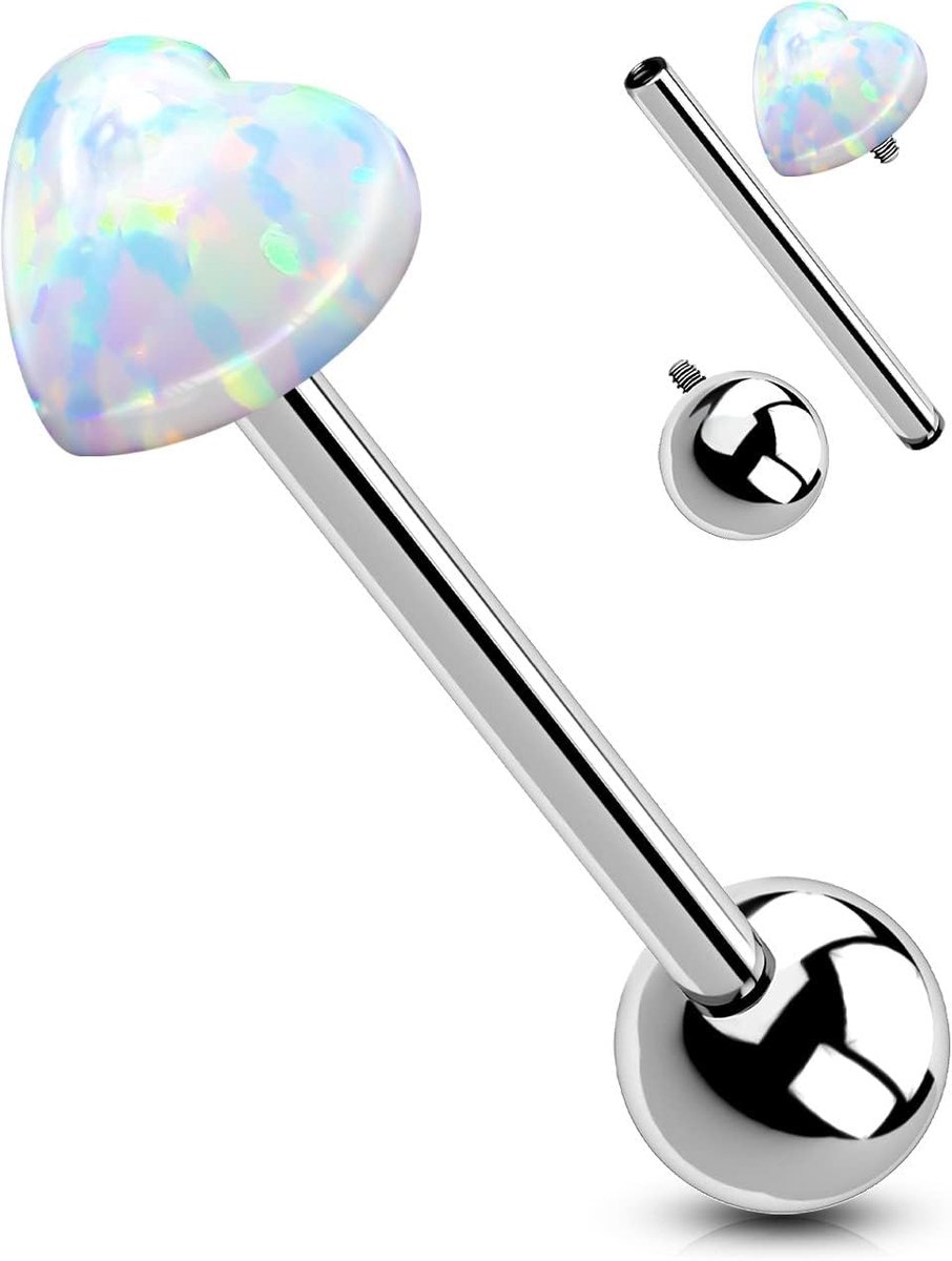 14G tongpiercing titanium enkel hart opal tongstaaf kogel 16mm 1,6mm intern-gedraaid binnendraad barbell piercing sieraden, 0.63 Zoll, Titanium