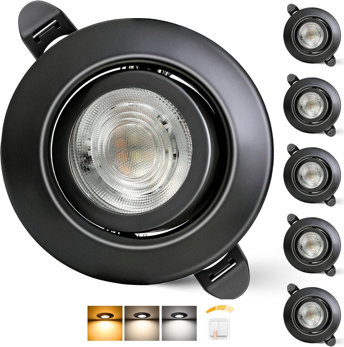 Inbouwspot 230V Dimbaar 68mm 5.5W IP44 LED Spots Ultraplatte Plafondspots 45° Draaibaar Inbouwspots Warm Wit Neutraal Wit Koudwit Inbouwspots Voor Badkamer Woonkamer, Zwart Set Van 6