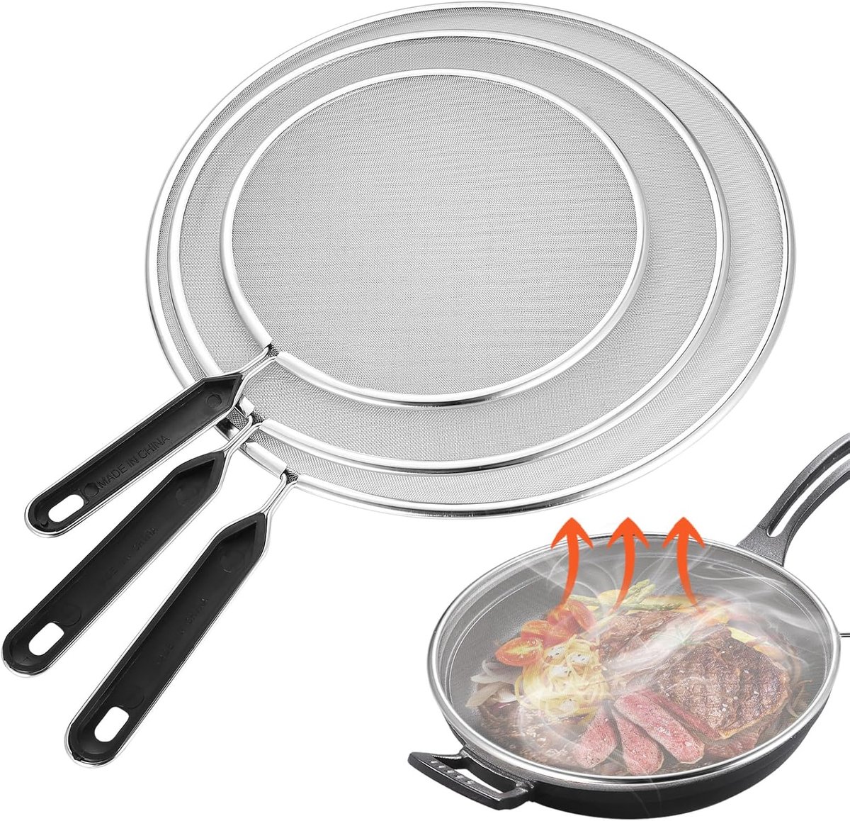 3 stuks roestvrijstalen spatscherm voor koekenpan spatbescherming, vetgaas spetterbeveiliging met handvat voor koekenpan koken, spetterbestendige oliebestendige zeefafdekking (19,1 cm, 24,9 cm, 29,0