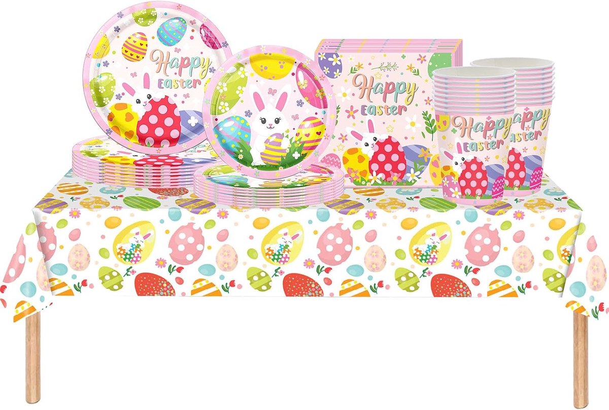 69 stuks paasfeest servies plastic paastafelkleed hoes, papieren borden, servetten en kopjes voor paasfeest tafeldecoraties, wegwerpservies set voor paasfeestbenodigdheden