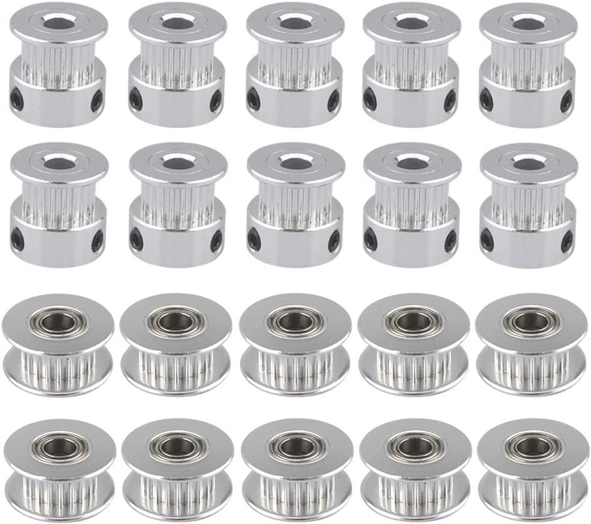 20 stuks premium aluminium GT2 riemschijvenset, 20 tanden 5 mm binnenboring, 10 stuks GT2 tandriemschijf + 10 stuks GT2 Idler Pulley, voor 3D-printers, 6 mm brede tandriem