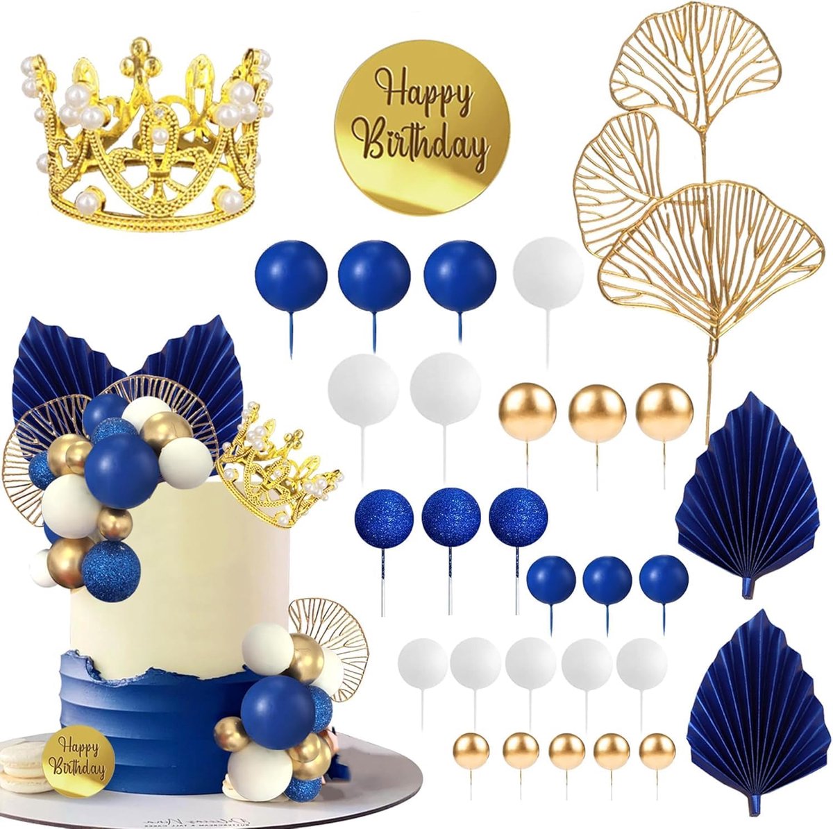 30 stuks Kroon Taartdecoratie Blauw Taart Deko Kugeln Ginkgobladeren Waaier Verjaardagskoningin Cakedecoratie Verjaardag Vrouw Man Deko Taart voor Jubileum, Bruiloft, Themafeest
