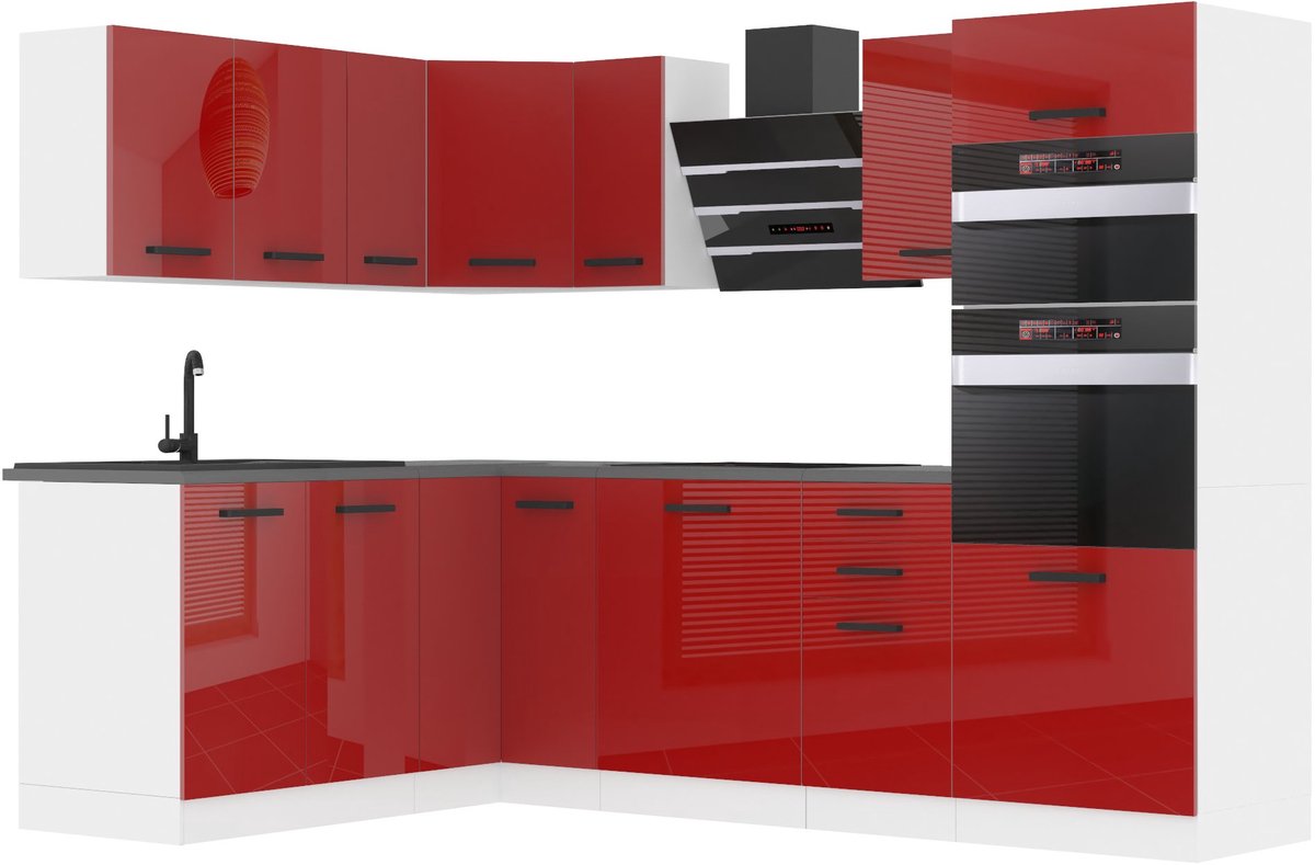 BELINI L-Vorm Keukenblok MELANIE - Keukenmeubel Set 360 cm Rood Hoogglans zonder Werkbladen - Boven- en Onderkasten