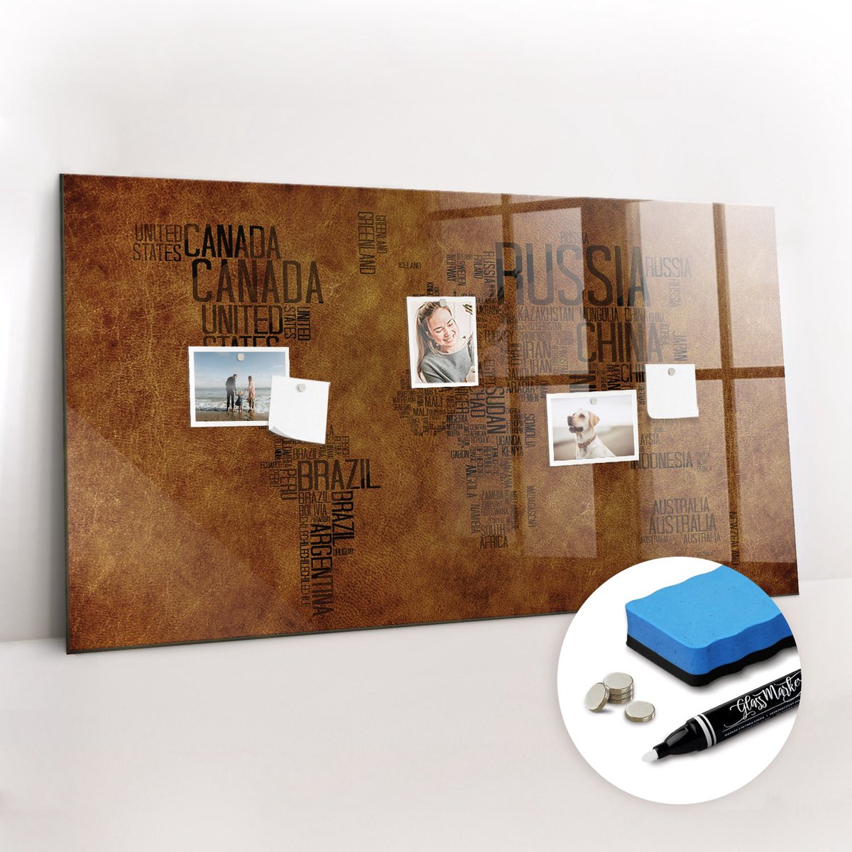 Tulup Whitebord - Kaart met landnamen - 120 x 60 cm - Bruin Magnetisch Bord Kind - Gratis 5 Sterke Magneten + Whiteboard Marker & Wisser - Industrieel Wandbord - Magneetbord Keuken - Inspiratiebord Kantoor