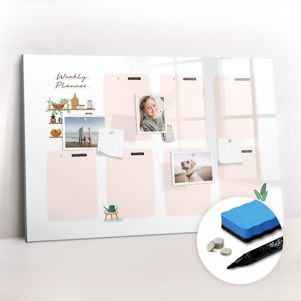 Tulup Whitebord - Kalender weekplanner - 90 x 60 cm - Roze Magneetbord Keuken - Gratis 5 Sterke Magneten + Whiteboard Marker & Wisser - Stylish Memo Board - Magnetisch Bord - Planning Muur