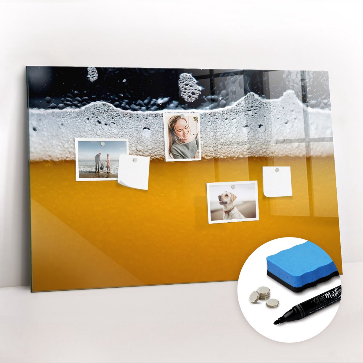 Tulup Whitebord - Close-up van bier - 90 x 60 cm - Geel Magneetbord Rechthoekig - Gratis 5 Sterke Magneten + Whiteboard Marker & Wisser - Industrieel Wandbord - Memobord Magnetisch - Ideeënbord Thuiswerkplek