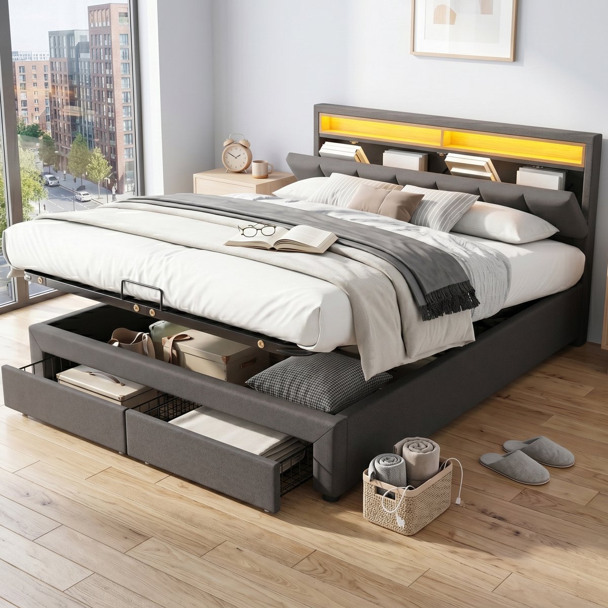 Hydraulisch Stauraumbett met LED-Beleuchtung - Elegant Leinen Bed, 180x200cm - Donkergrijs