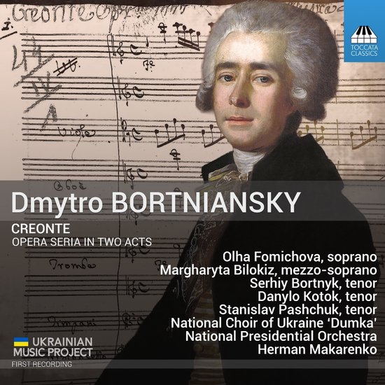 Schilderij van Dmitri Bortniansky in een zwart pak met een witte pruik. Achtergrond is muziekblad.