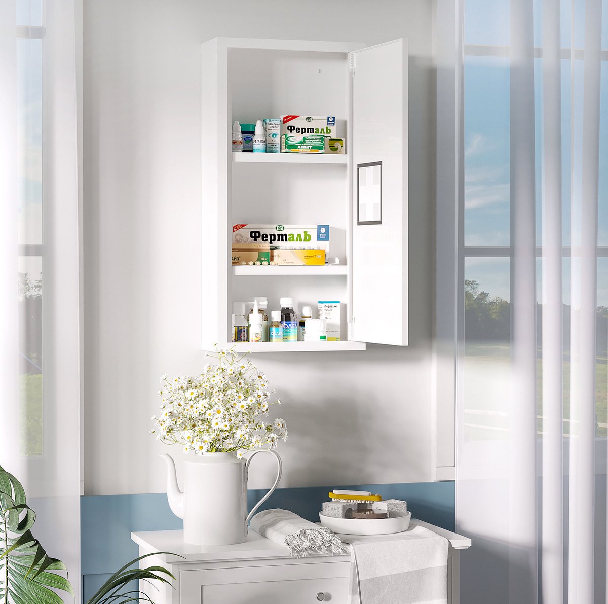 COVREO Medicijnkast 30 x 12 x 60 cm wit, staal met magnetische sluiting