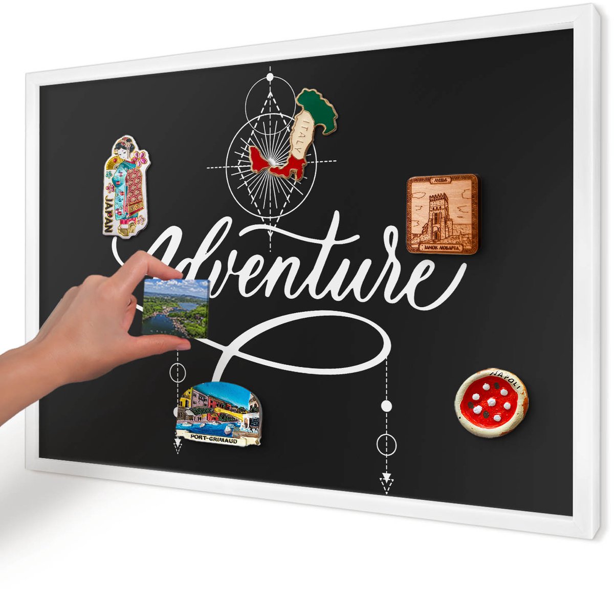 Artprintcave Zwart Magneetbord mit Witte Lijst - 60x40 cm - Reisinspiratie Magnetische Organizer - Minimalist Magneetbord Voor Keuken - Teksten