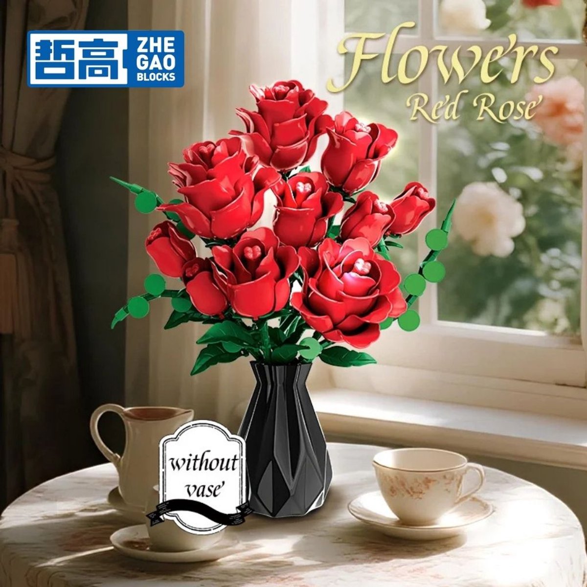 Zhe Gao 11156 Rode Rozen bloemen bouwset | Botanical Flowers Collection modelbouw | Classic Creator STEM speelgoed bouwpakket voor volwassenen en kinderen | Educatief decoratie Kunstbloemen boeket niet geschikt voor Lego | bouwdoos met 443 bouwstenen — afbeelding 2