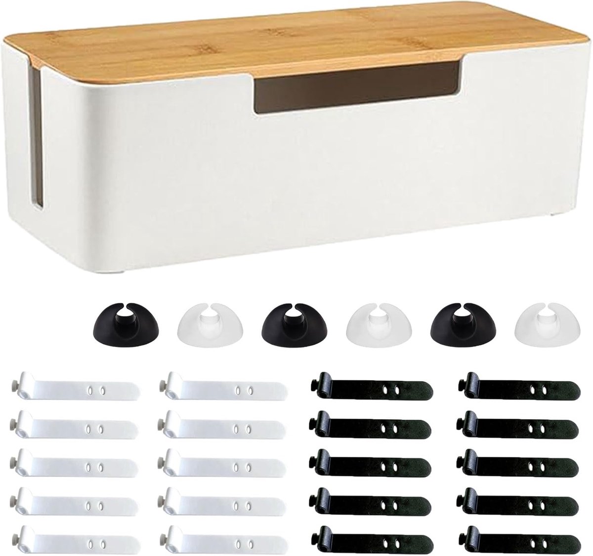 SnelShoppen - Kabeldoos, Corduroy Organiser Box met Houten Deksel, 30 x 13 x 10 cm, Kabelbeheerdoos met Kabelbinders en Kabelhouders, Wit