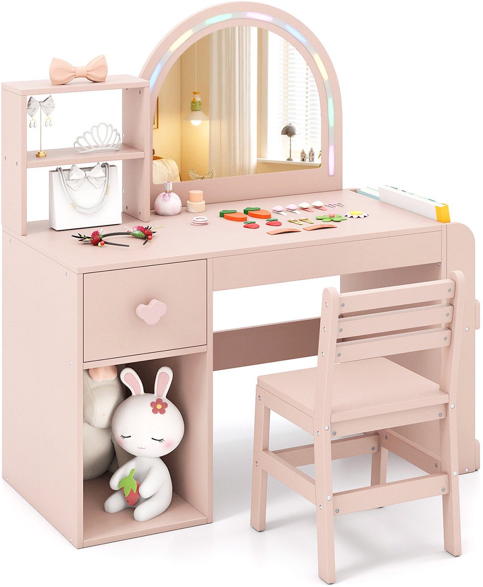 COSTWAY 2 in 1 Make-uptafel voor kinderen met verlichting, kindermake-uptafel met kleurrijke spiegel, boekenrek & lade, kaptafel van hout, make-uptafel set voor meisjes vanaf 3 jaar (Roze)