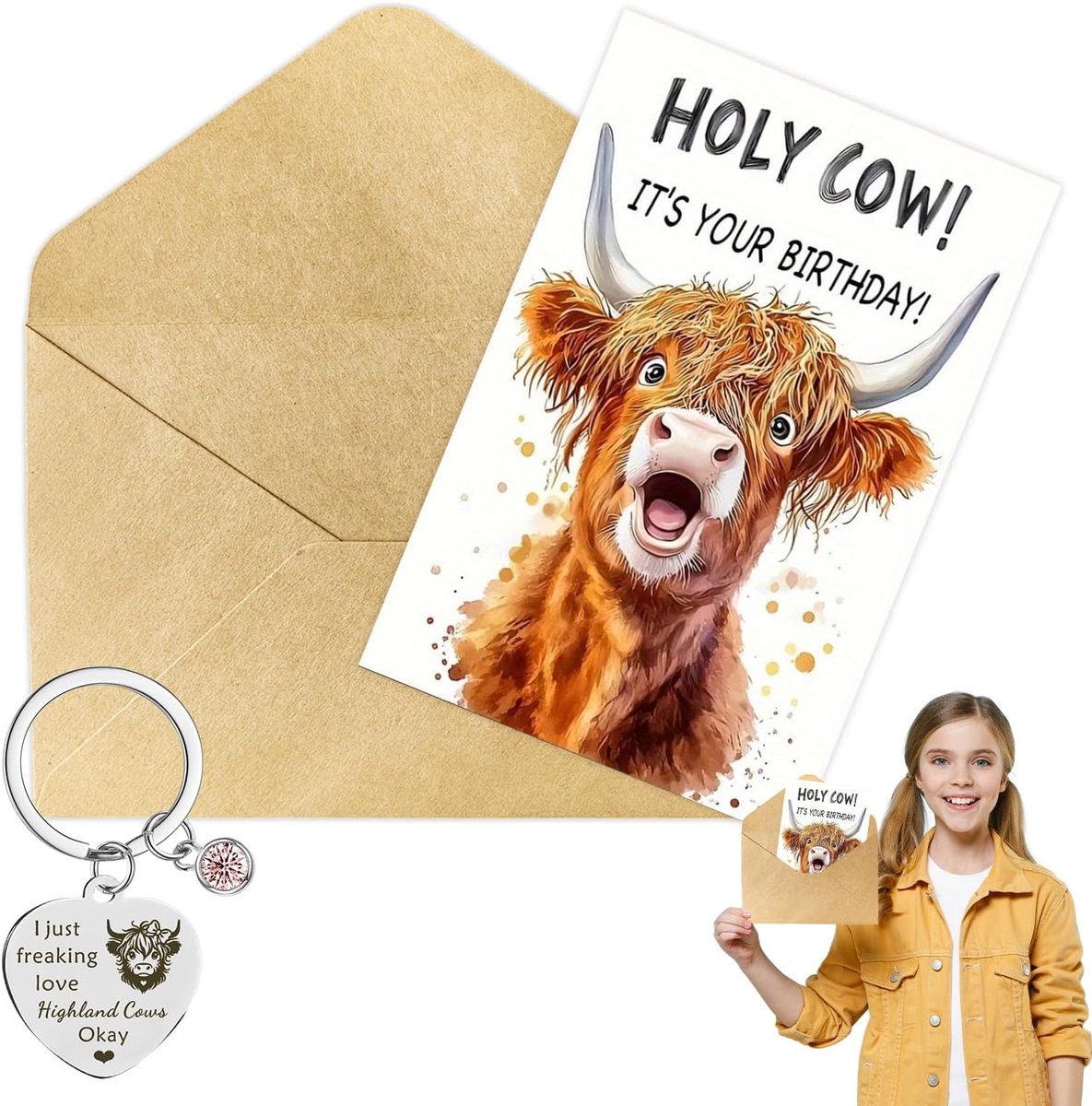 SnelShoppen - Highland Cow Verjaardagskaart Set met Sleutelhanger, Grappige Kaart met Envelop, Cadeau voor Vrouwen, Moeder, Vrouw, Dochter, Zus, Vrien