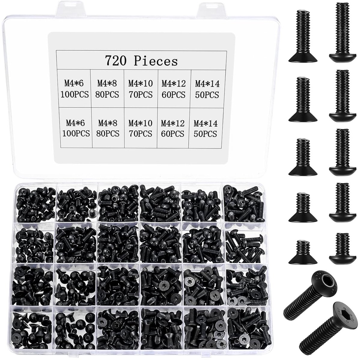 SnelShoppen - 720 Stuks M4 Schroeven Set, Hexagon Verzinkte Hoofdschroeven en Cilinderschroeven, Lens Hoofdschroeven, Hexaansluitingsschroeven, Draads