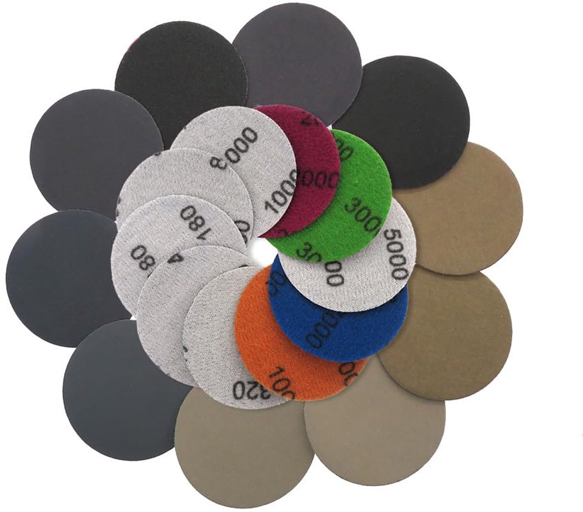 SnelShoppen - 24 Stuks Schuurpapier, Ronde Schuurdisc 80 mm, Nat Schuurpapier voor Hout en Metaal, Aluminium Oxide, Korrels 1000/1500/2000/3000/4000/5