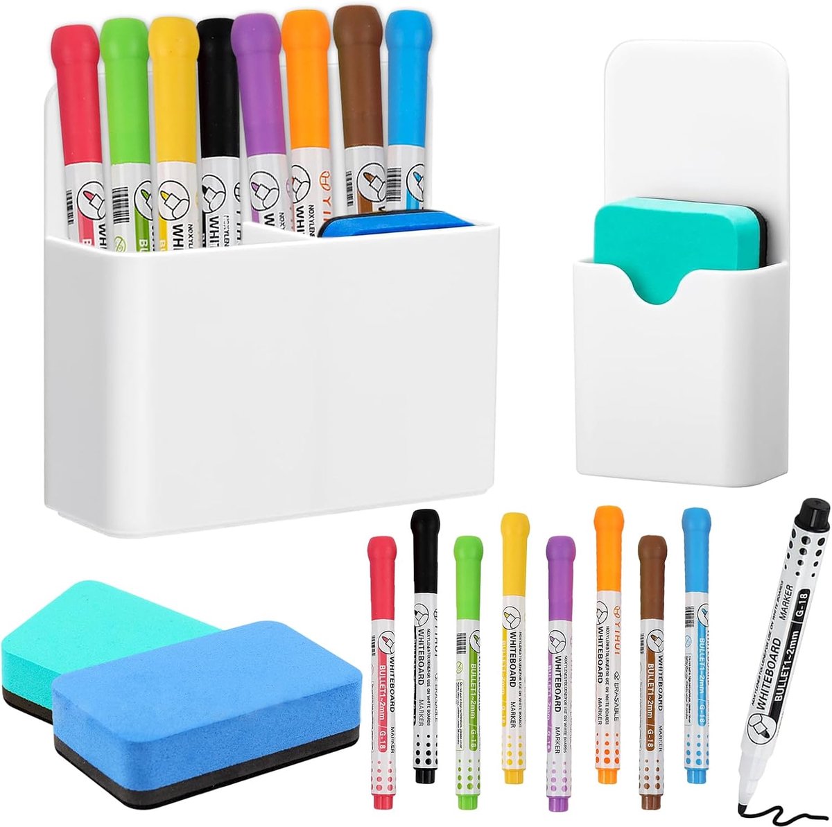 SnelShoppen - 12-delige whiteboard accessoires set - 2 magnetische penhouders, 2 whiteboard sponzen, 8 whiteboard stiften met houder voor thuis, kanto