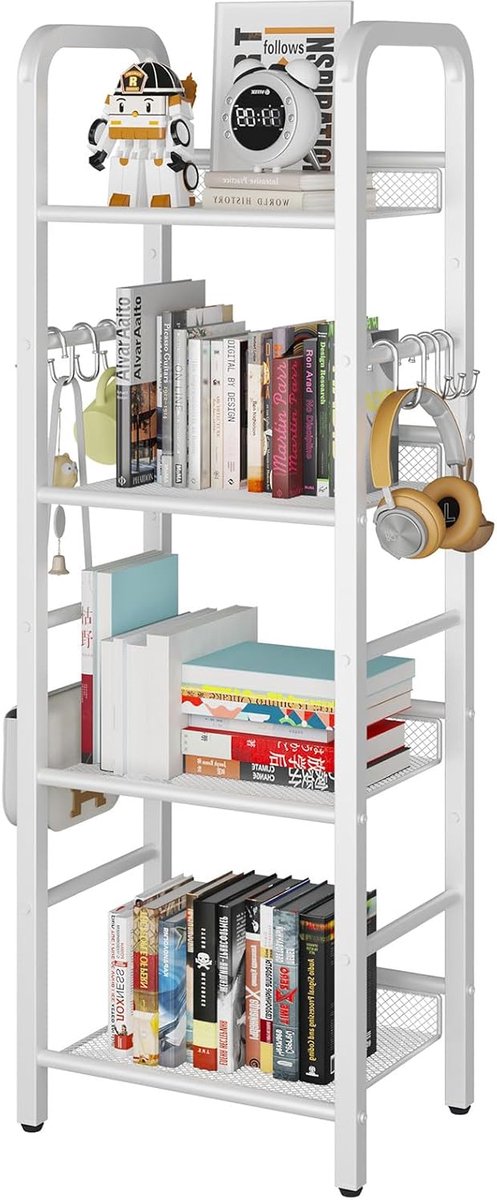SnelShoppen - Staande Boekenkast Opbergrek met 4 Niveaus, 8 Stuks Haken, Stalen Frame, Vrijstaand, Minimalistische Organizer voor Woonkamer, Thuiswerk