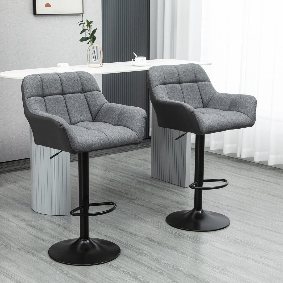 COVREO Barkruk 57,5x52,5x93-114 cm grijs, stof, set van 2 draaibaar