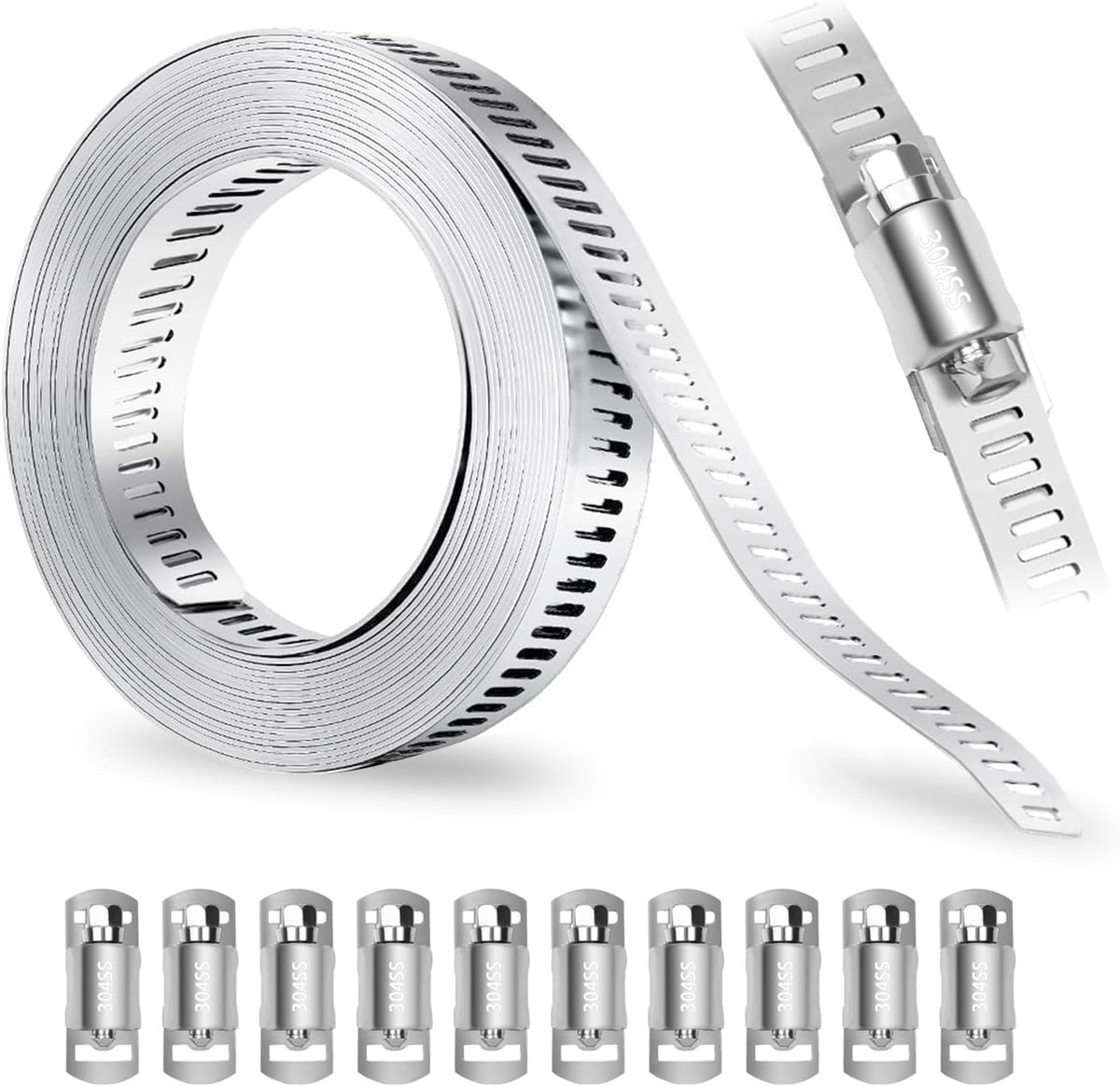 Set of adjustable hose clamps 304 stainless steel 5 m with 10 screw clamps for tank, cooler, water hose - ShopVlot