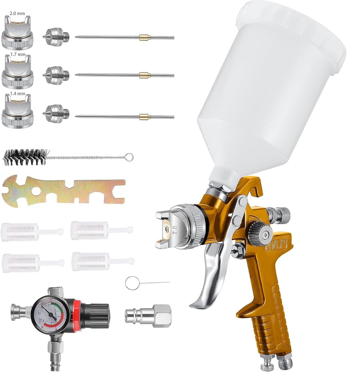 SnelShoppen - HVLP Verfspuitpistool voor Kleine Meubels en Auto's - 600cc Verfreservoir - Inclusief 1.4mm, 1.7mm, 2.0mm Spuitmonden - Met Luchtdrukreg