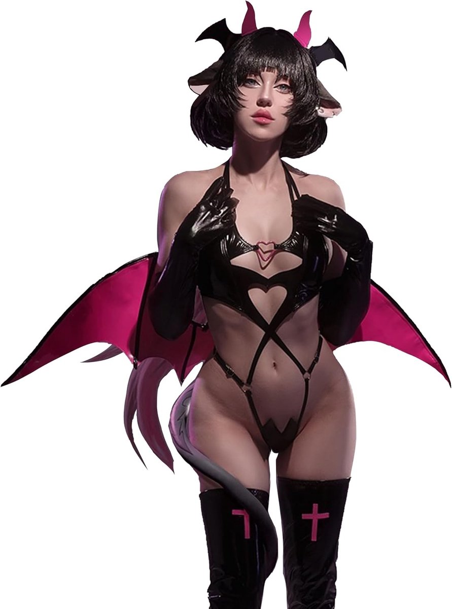 Succubus Kostuum voor Dames - 6-delig Set met Zwarte PU Cosplay Lingerie en Rode Vleugels voor Feestjes en Halloween