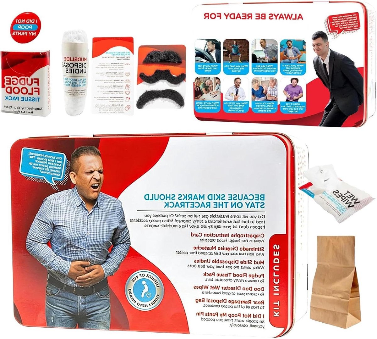 Grappige Survival Kit - Cadeau Set Fopartikelen - Feestelijke Verrassing - Inclusief Snor en Badge - 14 x 10 cm
