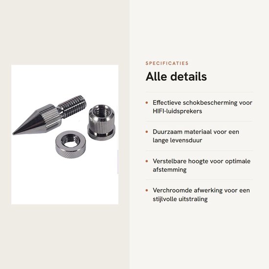 Geluidsisolerende - Verchroomde - Spike - Voetjes voor luidsprekers - Verstelbare - Geluidsabsorberende - Isolatie - Voor Versterkers - Zilverkleurig - Set van 4 stuks. — afbeelding 5