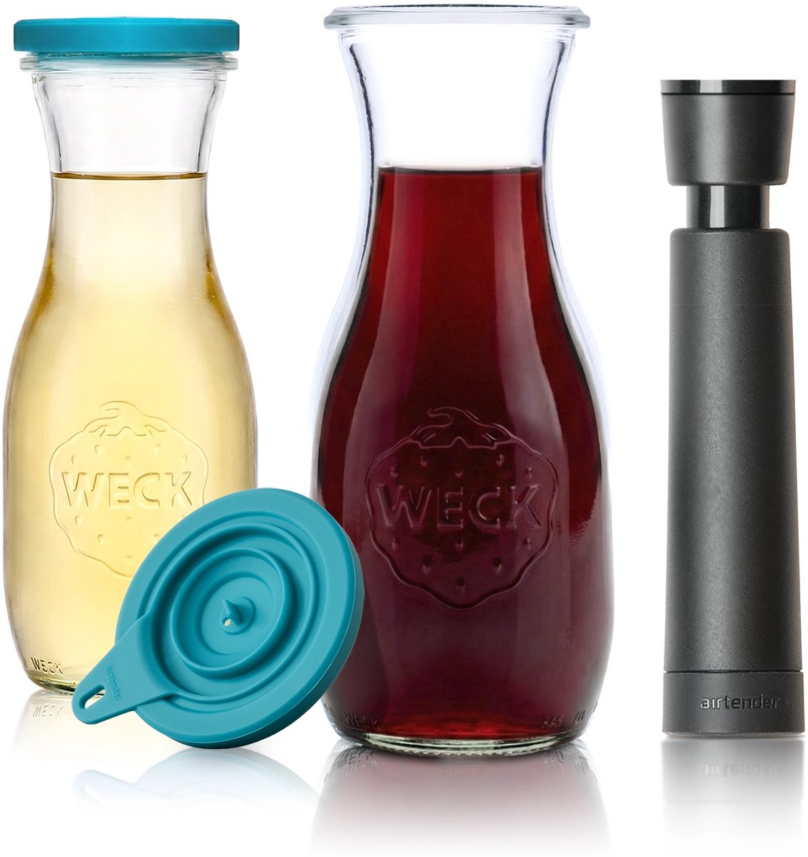 Airtender Wine Saver Carafe 500ml (2st.) | Vacuümpomp/-deksel & Karaf | 2x Vacuüm Wijnkaraf van glas (0,5L) | 2x Vacuümdeksel + GRATIS wijnpomp | Perfect om wijn tot 5x langer te bewaren | Vacuüm bewaren in de wijnkaraf | Past in koel & klimaatkast