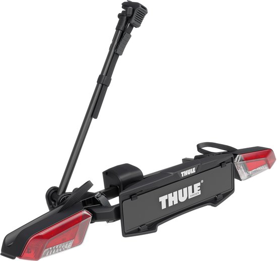 Porte-vélos Thule noir avec support extensible et feux arrière rouges.