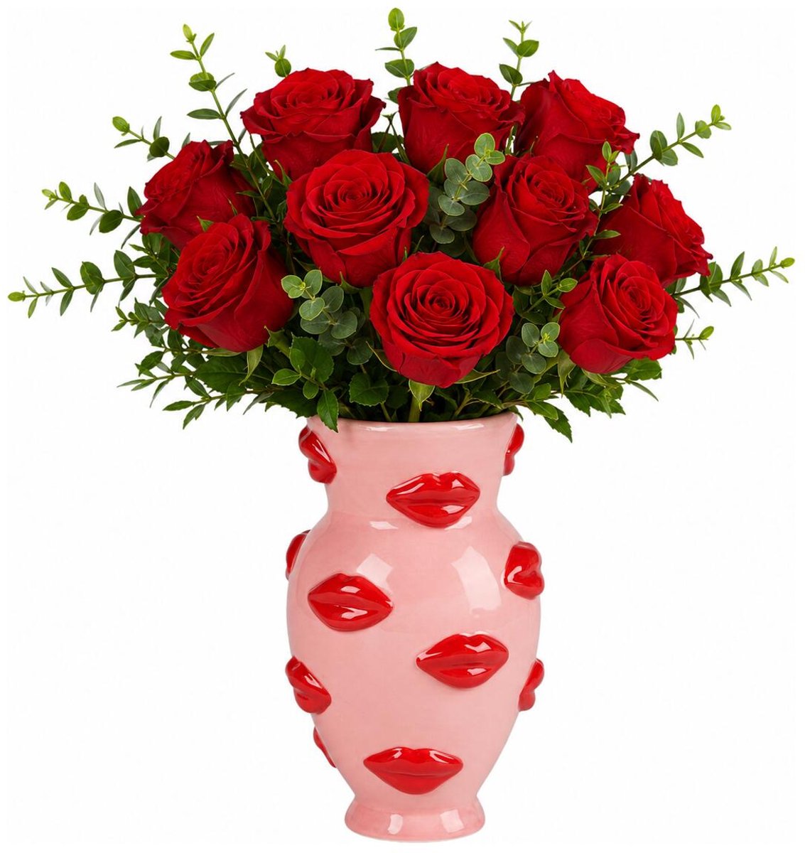 Urban Living vaas Lips - D8 x H17 cm - Keramiek - roze / rood - lippen bloemenvaas