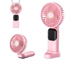 Mini draagbare ventilator, USB oplaadbare ventilator, kleine zakventilator met 5 snelheden en voet, stille opvouwbare handventilator voor kantoor en buitengebruik (roze)