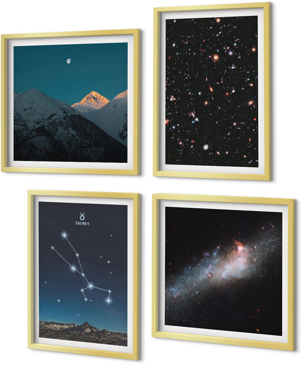 Coloray 4-Delige Schilderij Set - Ruimtelandschappen met sterren en het sterrenbeeld Stier - 40 x 40 cm en 40 x 60 cm - Wanddecoratie - Muurdecoratie - Woonkamer