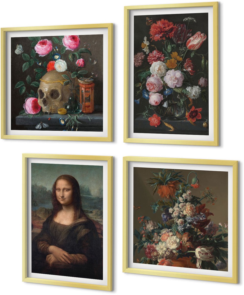 Coloray 4-Delige Schilderij Set - Vintage bloemen, schedel en Mona Lisa-portret van Leonardo Da Vinci - 40 x 40 cm en 40 x 60 cm - Wanddecoratie - Schilderijen Set - Interieur - Decoratieve Schilderijen