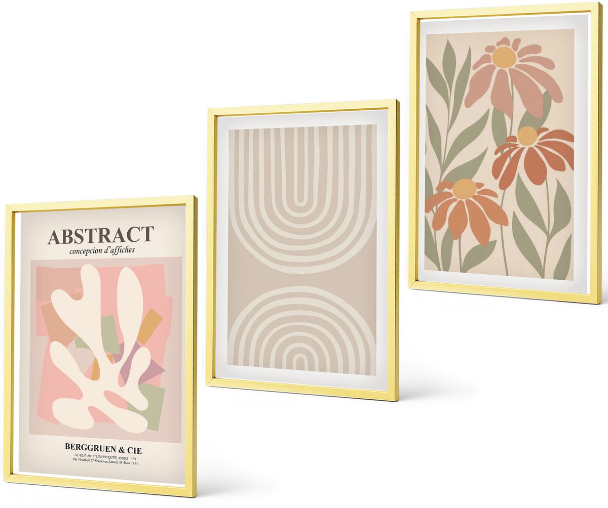 Coloray 3-Delige Schilderij Set - Abstracte Vormen Met Plantmotieven In Pastelkleuren. - 40 x 40 cm En 40 x 60 cm - Decoratieve Schilderijen - Woonkamer - Interieur - Moderne Wanddecoratie