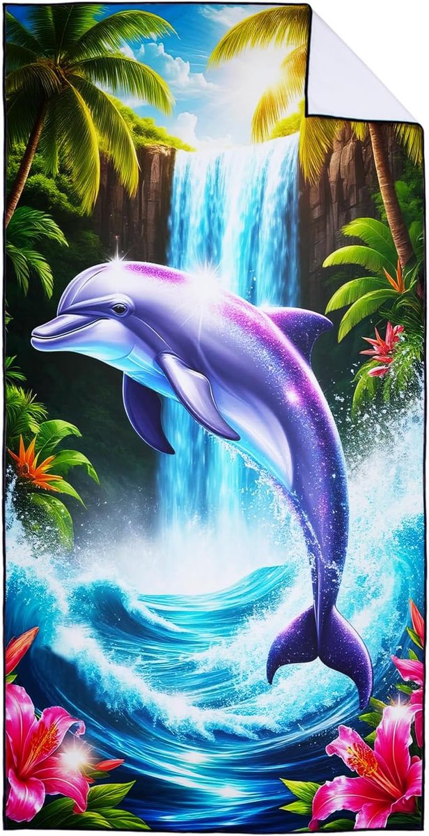 Microfibre Large Beach Towel, 90 x 180 cm, Quick-Drying and Compact Towel/Beach Towel, Dolphin, Waterfall Pattern - ShopVlot