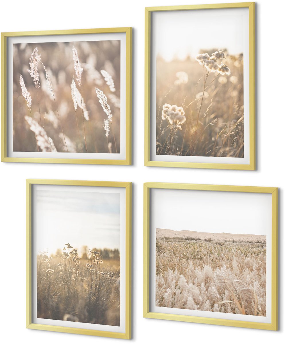 Coloray 4-Delige Schilderij Set - Landschap met grassen en bloemen in warme tinten. - 40 x 40 cm en 40 x 60 cm - Decoratieve Schilderijen - Woonkamer - Interieur - Wanddecoratie