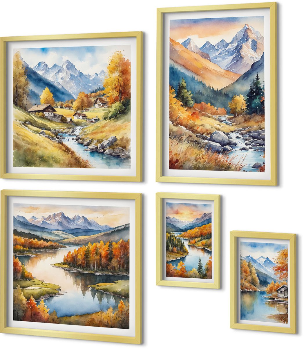 Coloray 5-Delige Schilderij Set - Berglandschappen In De Herfstkleuren Van De Natuur - 50 x 50 cm, 20 x 30 cm En 40 x 60 cm - Wanddecoratie - Schilderijen Set - Interieur - Interieur Decoratie