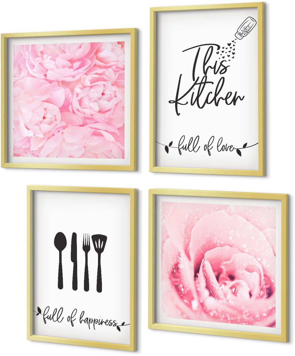 Coloray 4-Delige Schilderij Set - Keukenopschriften Delicate rozenbloemen - 40 x 40 cm en 40 x 60 cm - Moderne Wanddecoratie - Slaapkamer