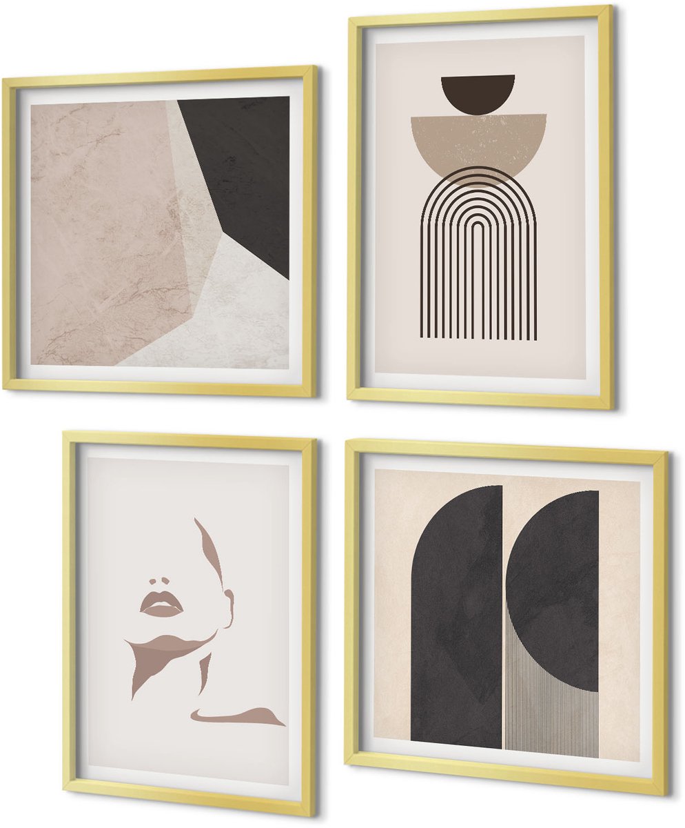 Coloray 4-Delige Schilderij Set - Abstracte patronen in tinten wit en bruin. - 40 x 40 cm en 40 x 60 cm - Decoratieve Muurdecoratie - Slaapkamer - Woonkamer Decoratie