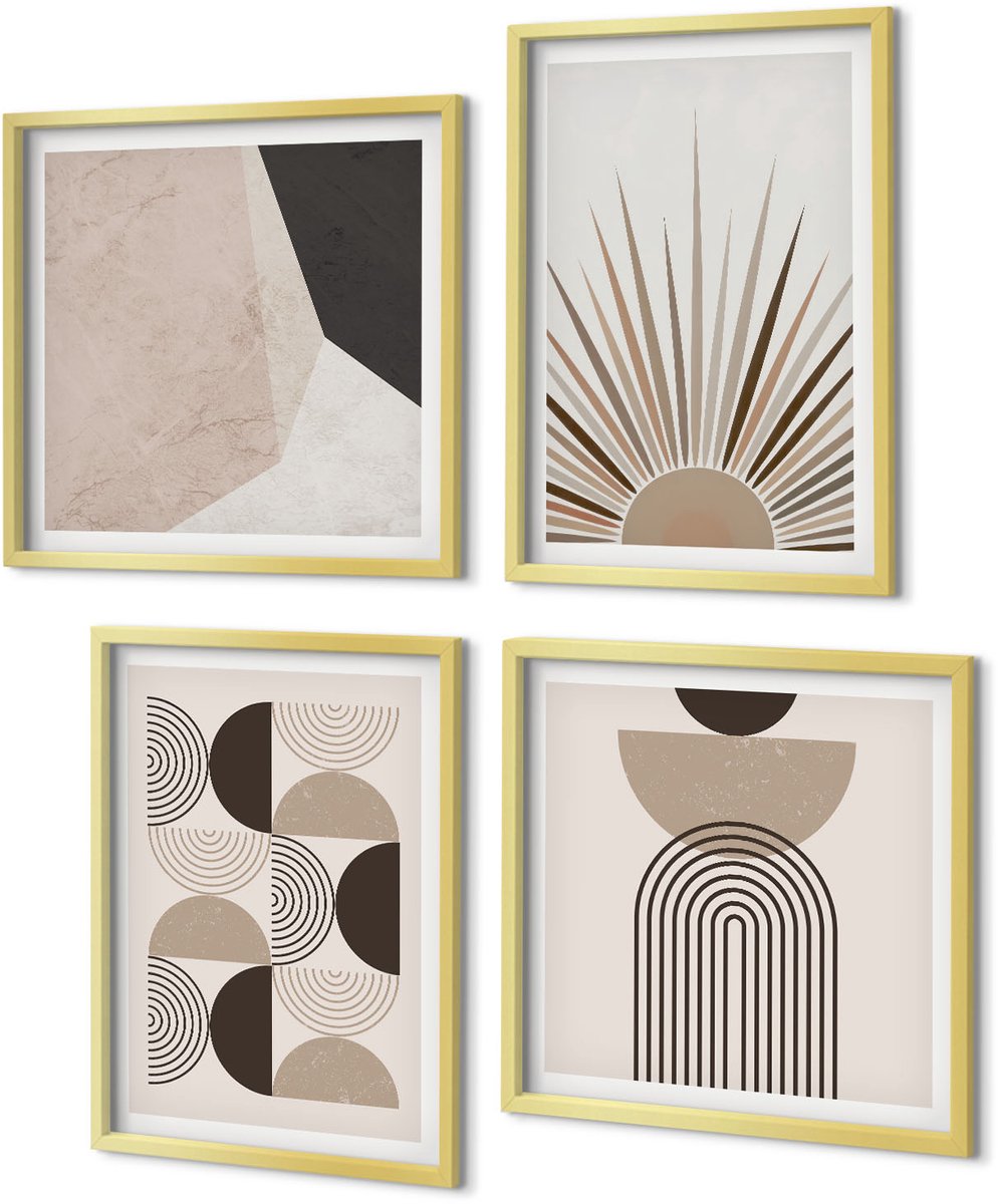 Coloray 4-Delige Schilderij Set - Abstracte vormen in beige en bruine tinten. - 40 x 40 cm en 40 x 60 cm - Schilderijen Set - Wanddecoratie - Woonkamer - Woonkamer Decoratie