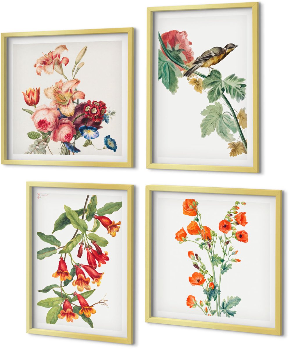 Coloray 4-Delige Schilderij Set - Geschilderde retro bloemen en een vogel op een tak - 40 x 40 cm en 40 x 60 cm - Wanddecoratie - Muurdecoratie - Woonkamer - Moderne Wanddecoratie