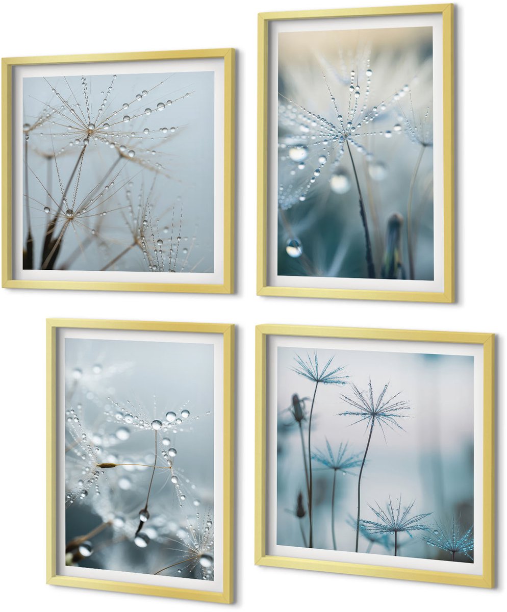 Coloray 4-Delige Schilderij Set - Dauwdruppels op tere paardenbloemen - 40 x 40 cm en 40 x 60 cm - Schilderijen Set - Wanddecoratie - Woonkamer - Stijlvolle Muurdecoratie