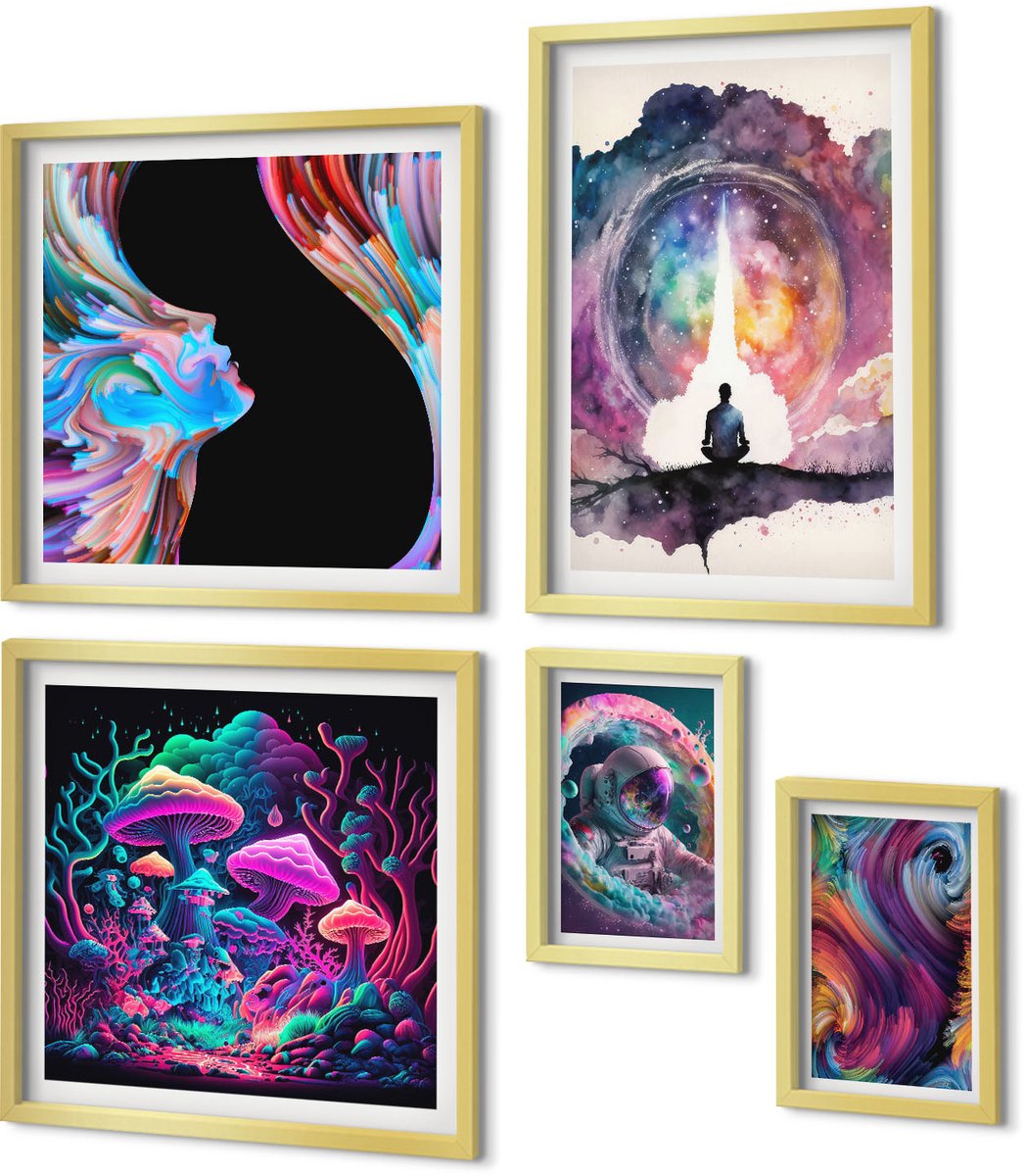 Coloray 5-Delige Schilderij Set - Kosmische Inspiraties In De Kleurrijke Esthetiek Van Het Surrealisme - 50 x 50 cm, 20 x 30 cm En 40 x 60 cm - Muurdecoratie - Schilderijen Set - Woonkamer - Interieur Decoratie
