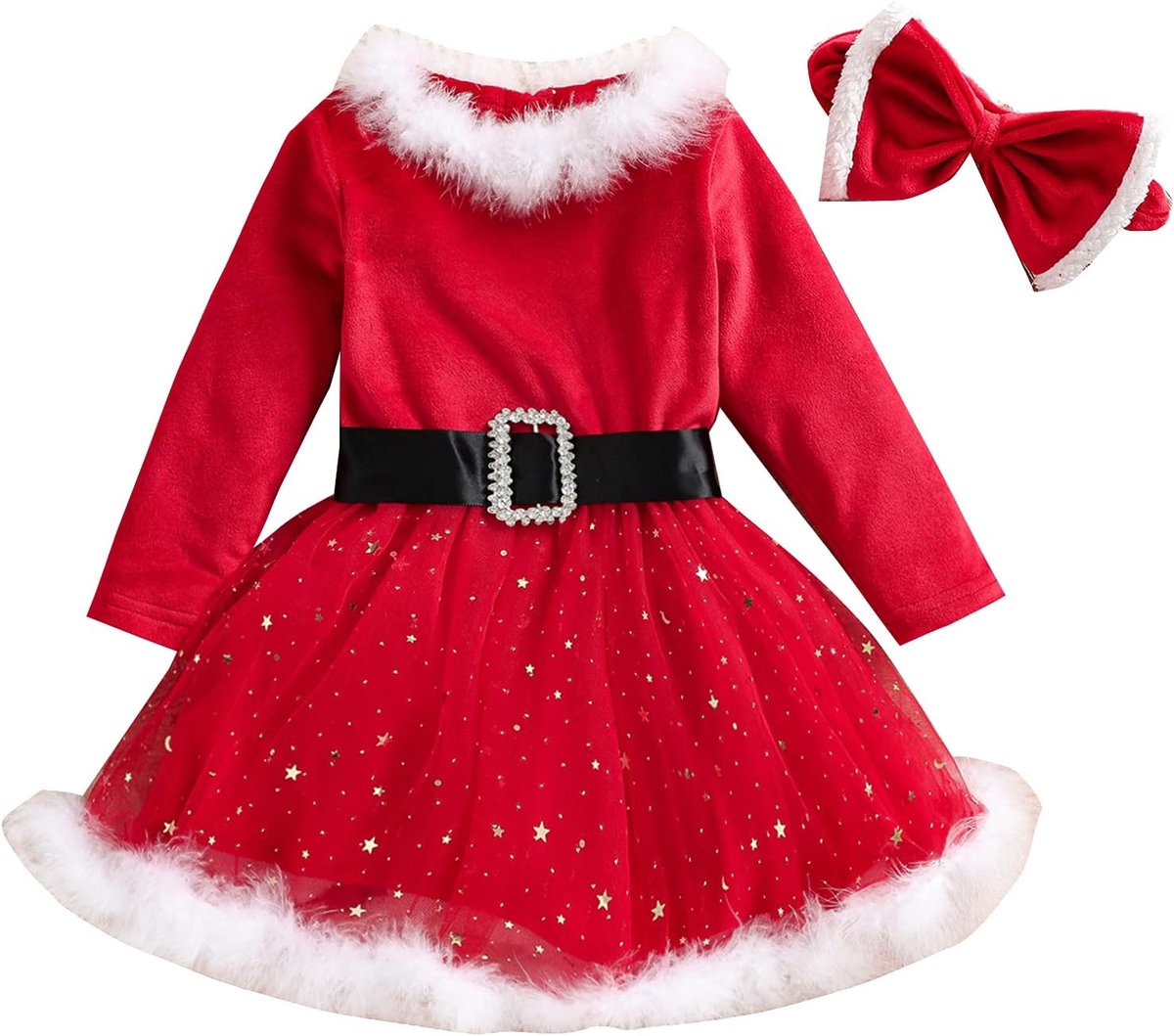 Loalirando Girls Christmas Dress Long Sleeve Velvet Costume Christmas Princess Photography Red - ShopVlot