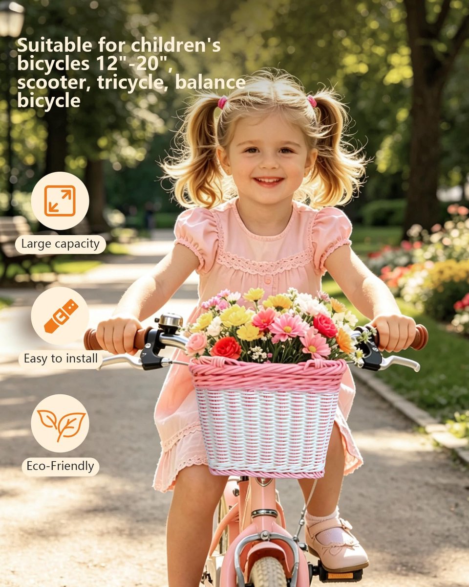 Anhow Fietsmand voor jongens en meisjes, met handvat, afneembaar, roze - ShopVlot