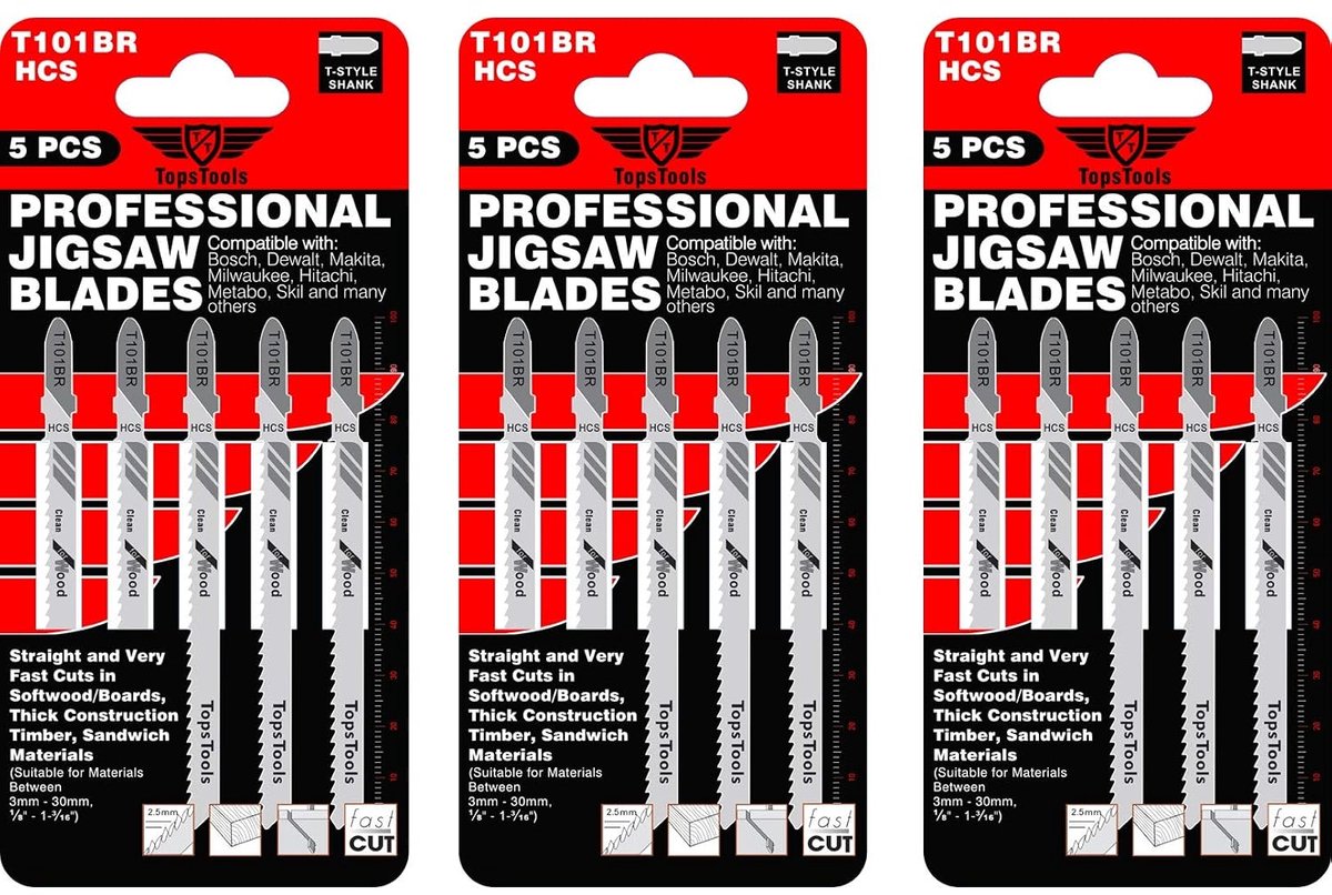 15 x TopsTools T101BR 100mm jigsaw blades designed for reverse clean cuts in wood - ShopVlot