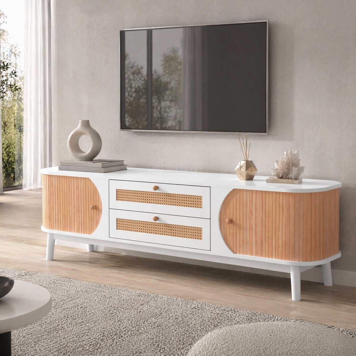 HAUSS SPOLE TV Meubel - Wit MDF Met Rotan Lades En Deuren - Landelijke Opbergruimte Voor Woonkamer - 170 X 39,5 X 46 Cm